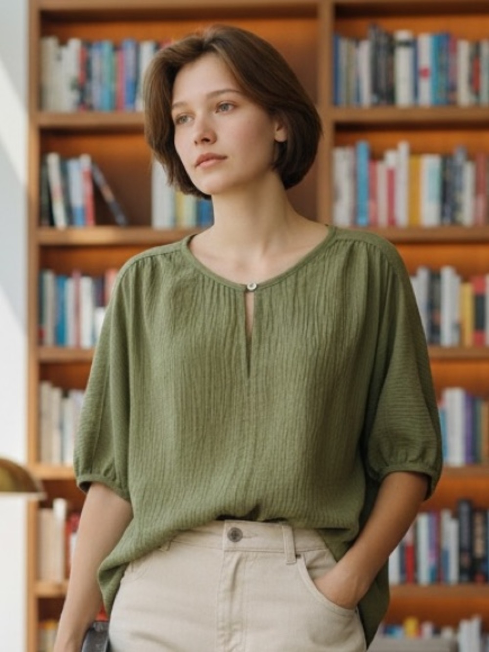 Max Studio Relaxed Olive Green Short Sleeve Top